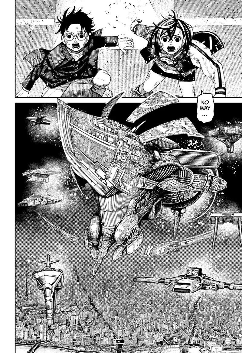 Momo and Okarun watch in shock as the mothership hovers above them with other smaller crafts.