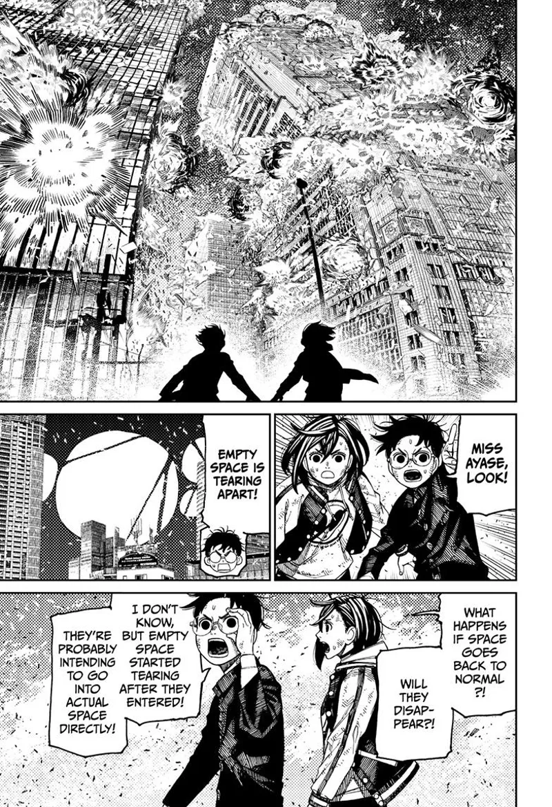 The buildings burn and explode in front of them. Okarun tells Momo the empty space is tearing apart.