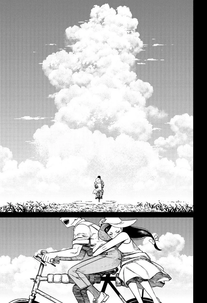 A lady back rides on a bike with a man as the driver. They bike towards the clouds.