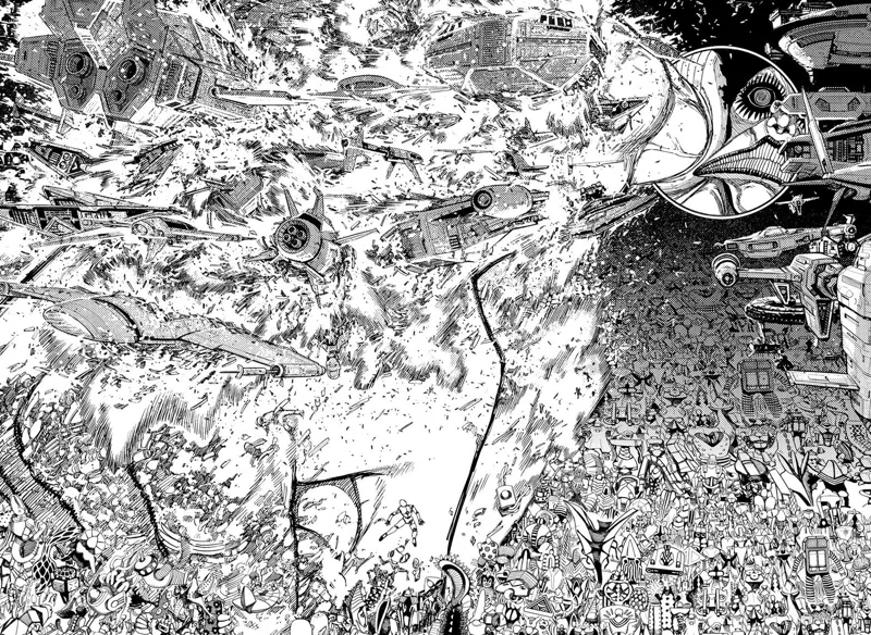 Reiko reaches out her arm and punches the spaceships, effectively destroying them.