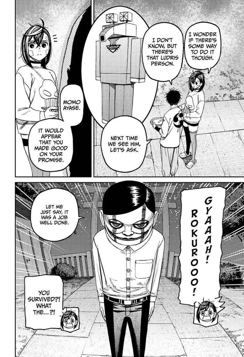 Momo and Okarun talk about Vamola's mother but are shocked upon seeing Rokuro, the Serpoian.