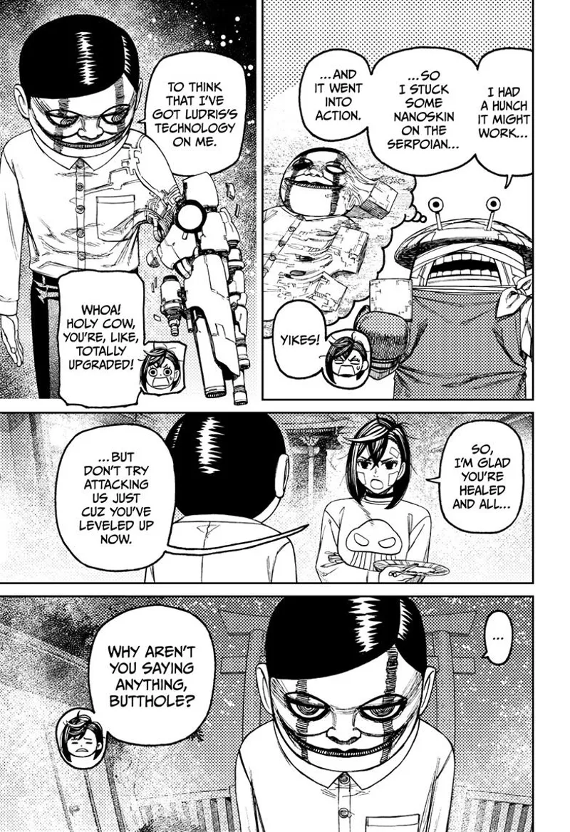 Mr. Shrimp reveals he stuck some nanoskin at the Serpoian, and that's how he survived. Rokuro's arm upgrades.