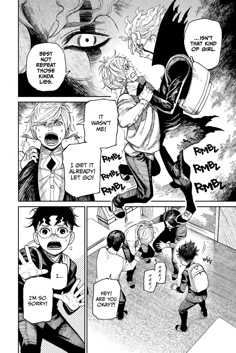 Okarun threatens the student not to spread those lies. He lets go of him and transforms back to normal.