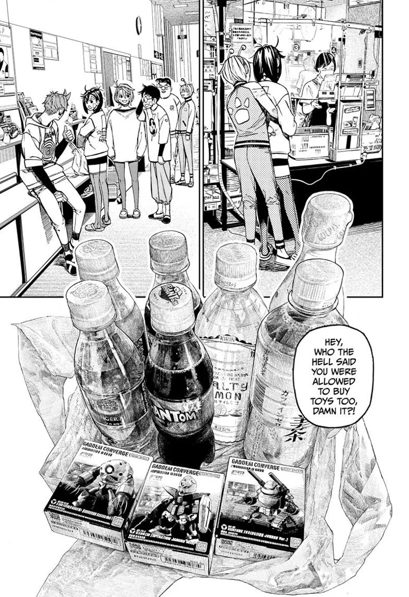 They check out their stuff, which includes bottled drinks and three Gundams.