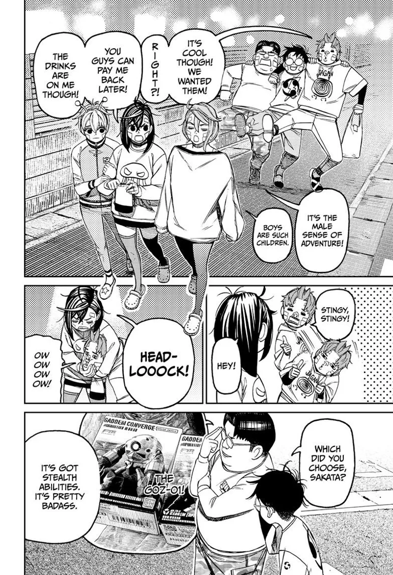 The guys walk happily with their Gundams, but the ladies talk about them being childish.