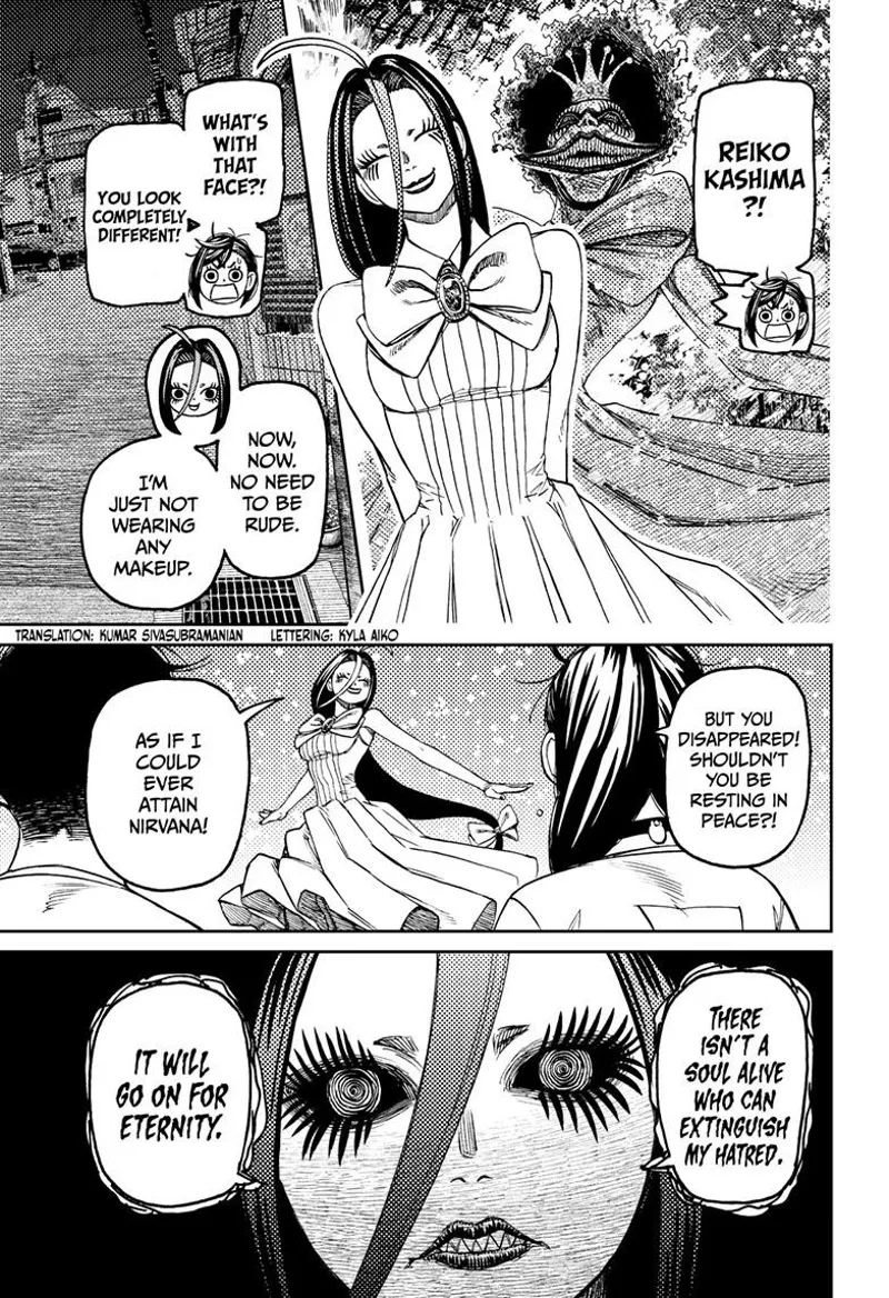 Momo wonders how Reiko Kashima can be so pretty. Kashima reveals her hatred can never attain Nirvana.