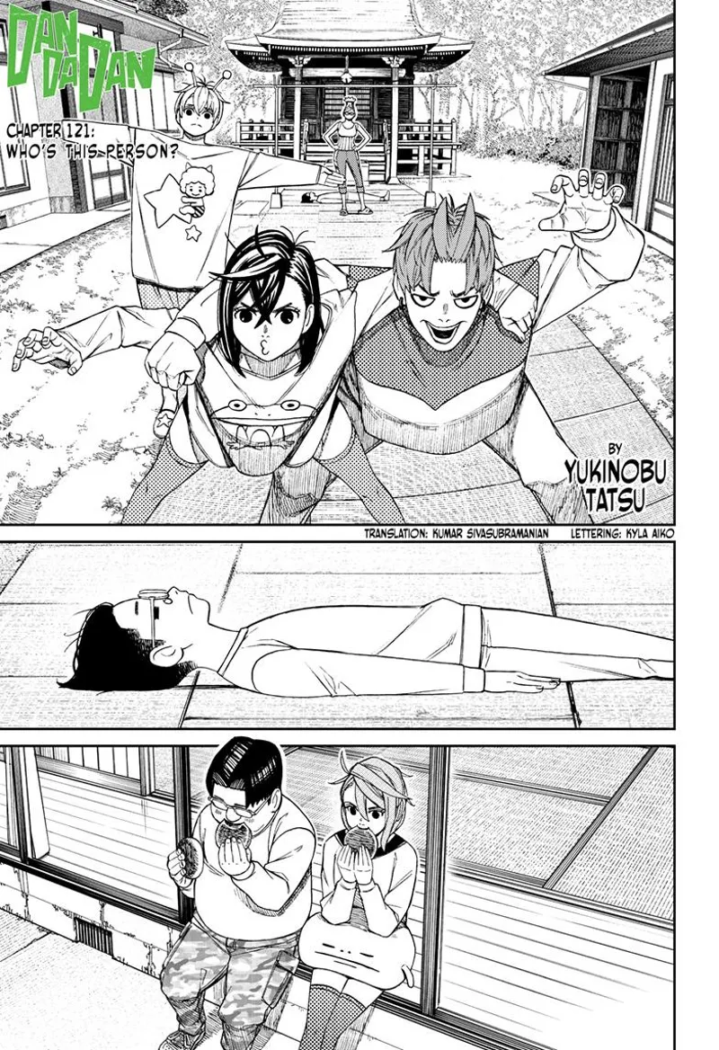 Vamola stands behind Momo and Jiji. Okarun is lying on the ground. Aira and Kinta are sitting and eating.