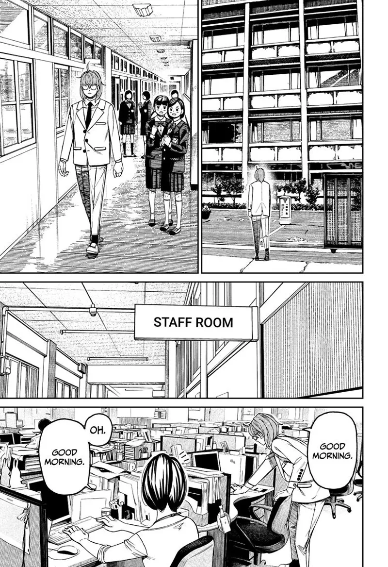 The man walks inside the school, passes by the students, and greets his officemate good morning.