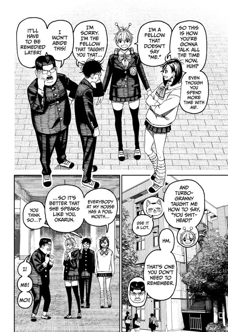 Momo, Vamola, Okarun, and Kinta gather as they walk to school.