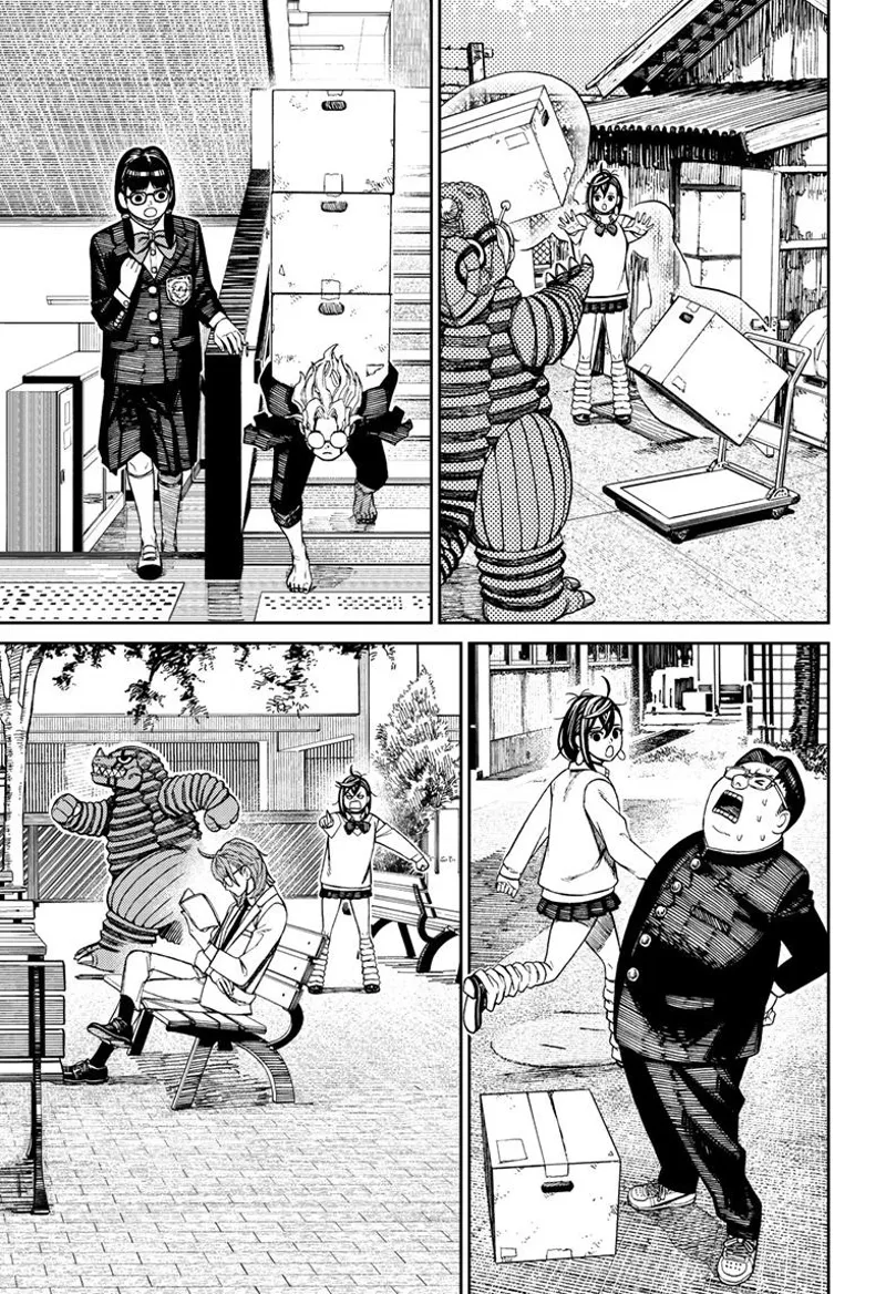 Momo, Kaiju Vamola, and Okarun use their powers to carry things around while Mr. Sanjome sits and reads.