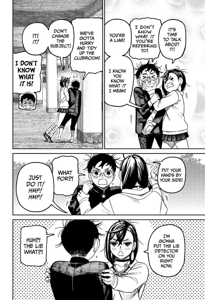 Momo squeezes Okarun's cheek as she tries to detect if he is lying.