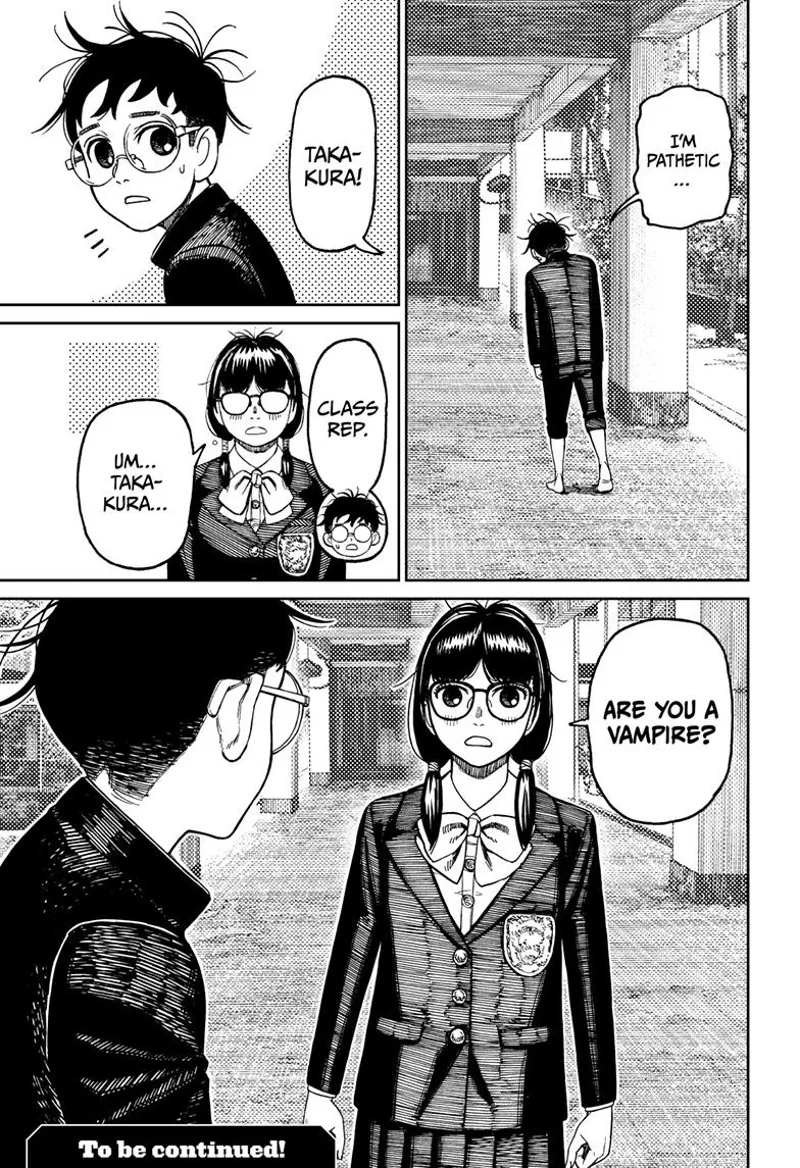 Okarun walks alone barefooted. The class rep appears and asks if he is a vampire.