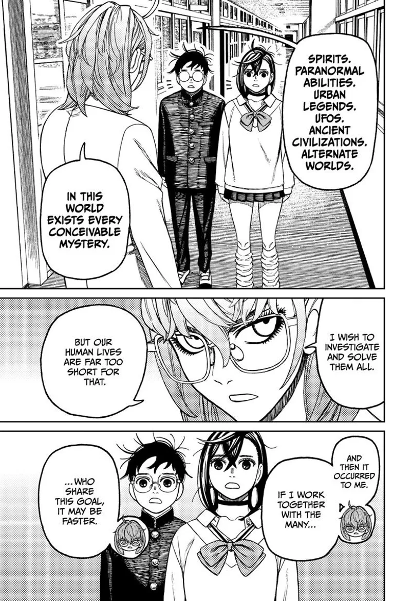 Mr. Sanjome says he wants to know more about spirits, aliens, etc. Momo and Okarun are shocked.