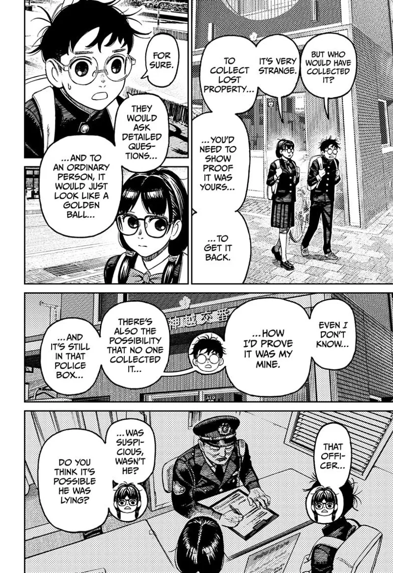 Okarun and the Class rep walk away and discuss the golden ball collector, including the suspicious police officer.