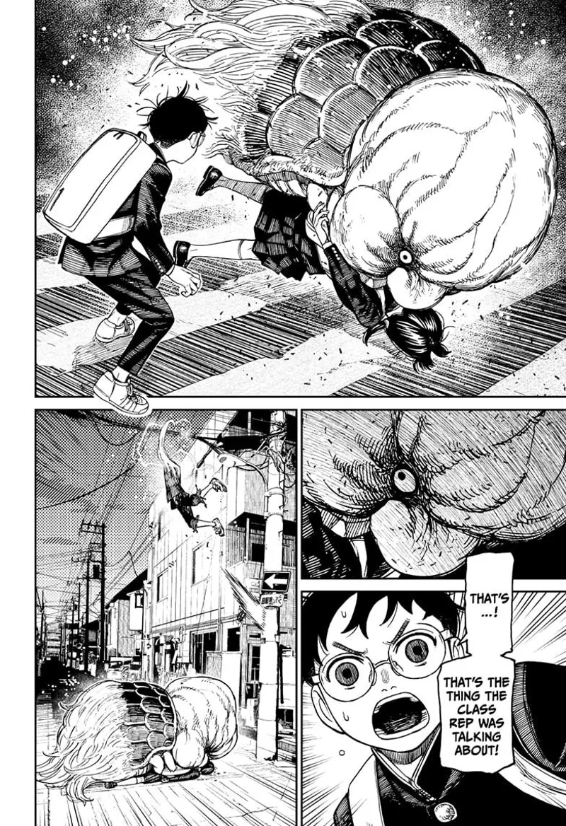 A huge spirit clings behind the Class rep. Okarun watches and jumps to the electric cable above.