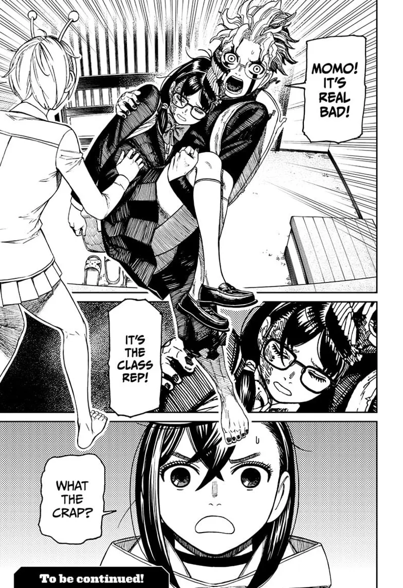 Cursed Okarun appears, bringing the class rep with him. Momo is shocked.