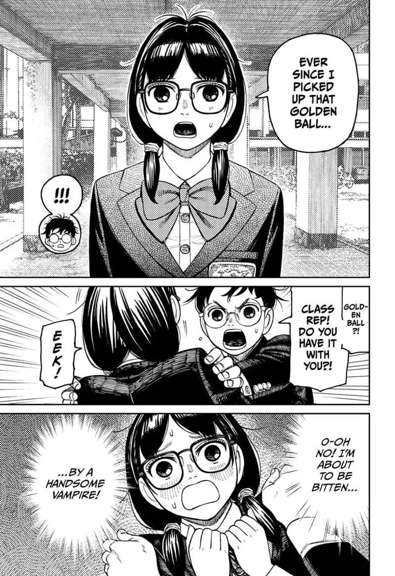 The class rep reveals she picked up a golden ball. Okarun shakes her shoulders. She panics, thinking he might bite her.