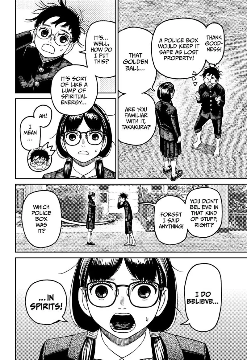 Okarun tries to explain about the golden ball. The class rep reveals she believes in spirits.