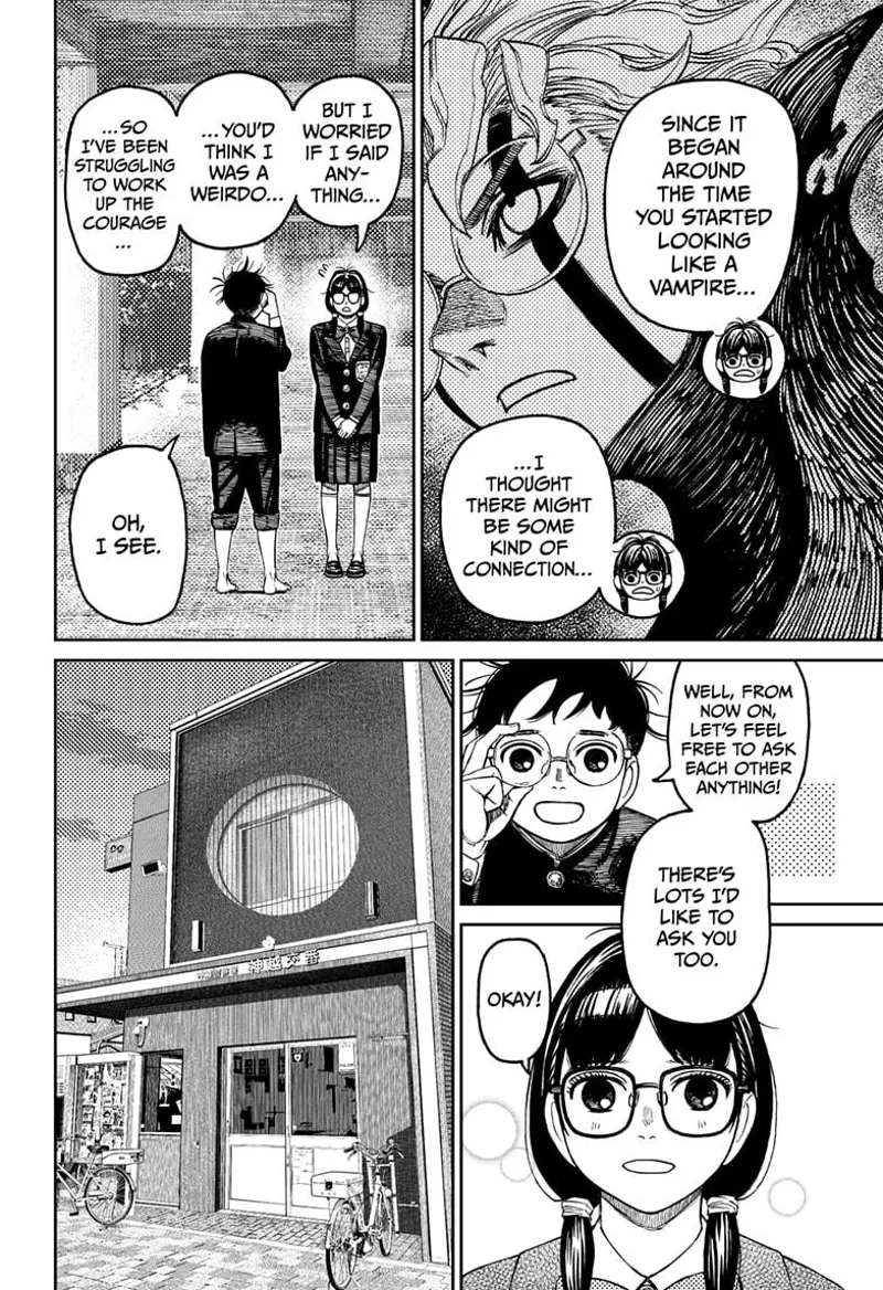 Okarun tells the Class rep not to be embarrassed of him for asking about something. The class rep smiles.