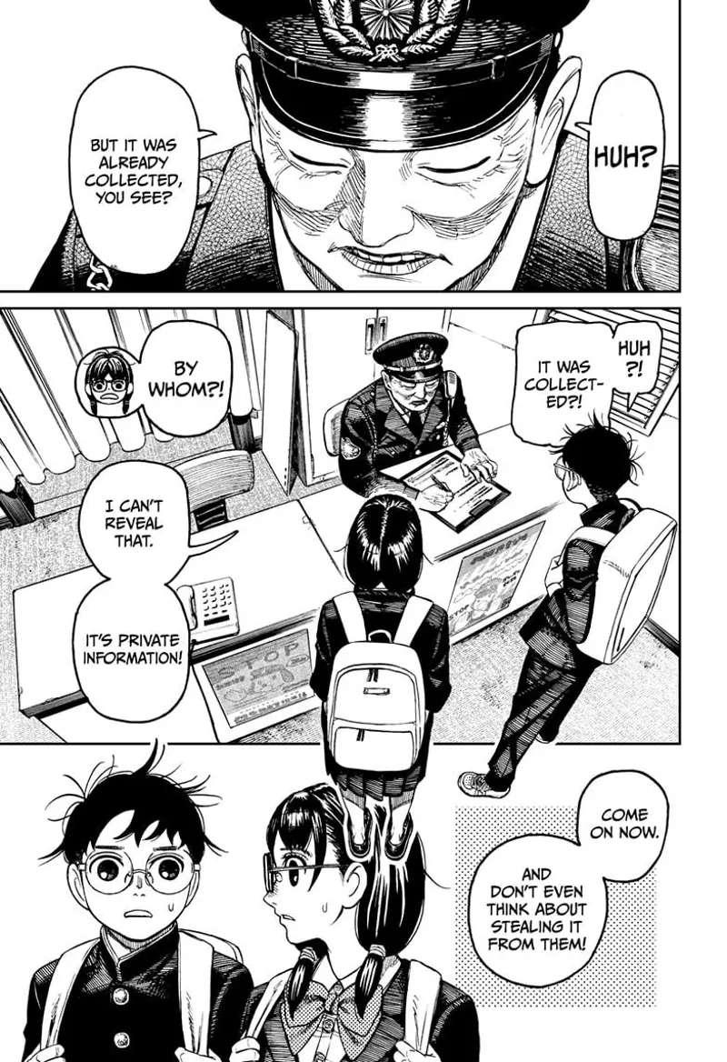 The police officer tells Okarun and the Class rep that someone already collected the golden ball.