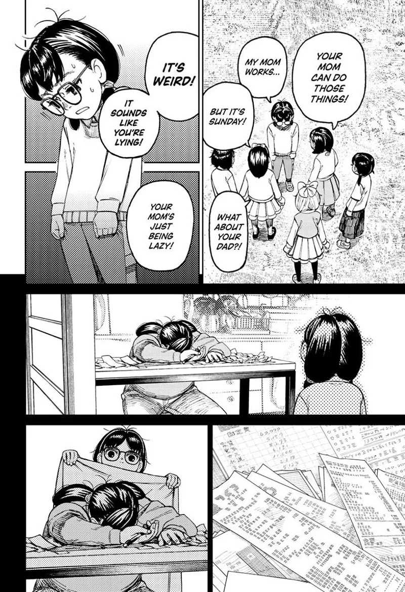 Rin's friends accuse her of lying. Rin is sad and covers her mom's back with a blanket after falling asleep at a table.