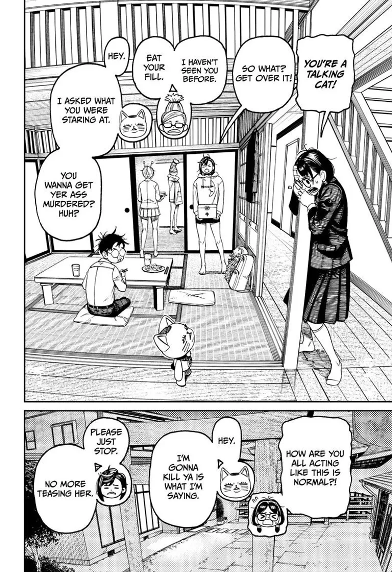 The Class rep is shocked at the talking cat, turbo Granny. Momo, Okarun, and Grandma watches her.