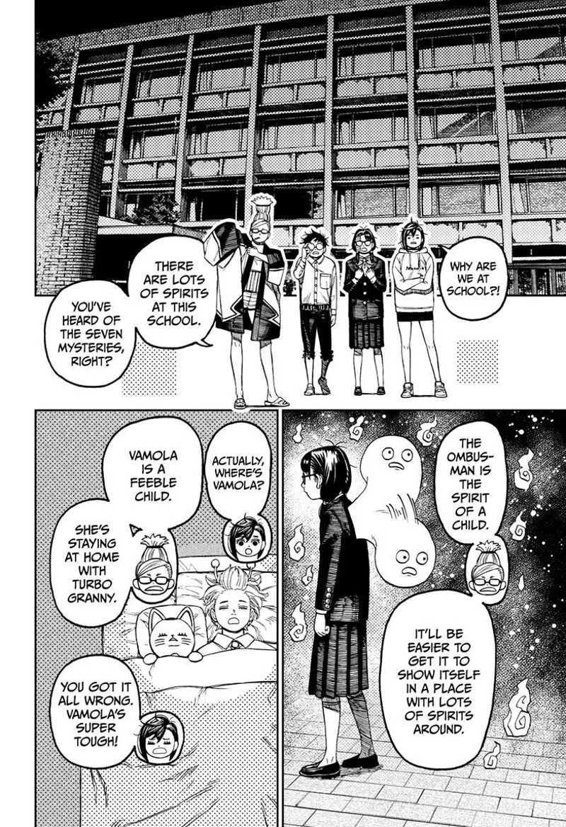 Momo, Rin, Okarun, and Grandma are in the school to draw out the Ombusman. Vamola and Turbo Granny are in bed.