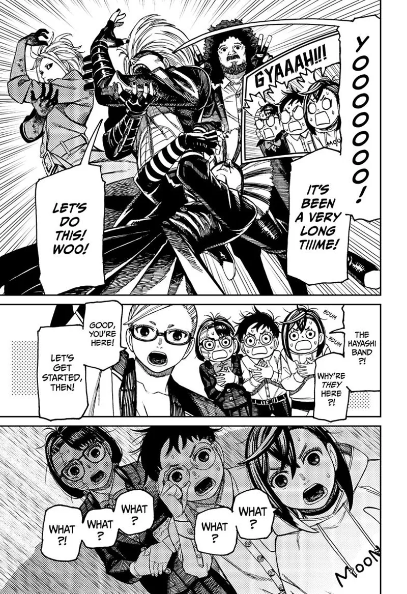 The Hayashi Band appears. Momo, Okarun, and Rin are shocked.