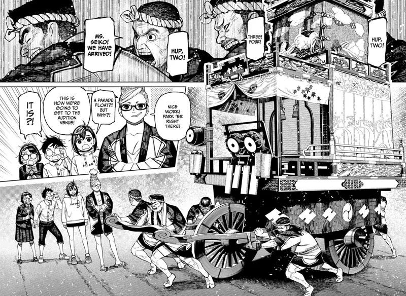 Four men pull up a huge cart called the "Parade Float." Momo, Okarun, and Rin are shocked.