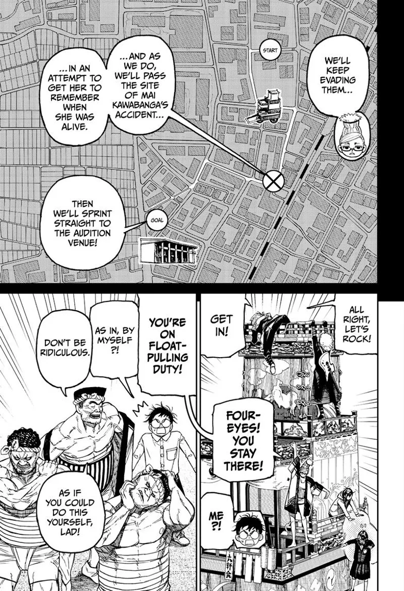 Grandma explains their parade route using a map. The men take off their clothes, ready to pull the huge cart.