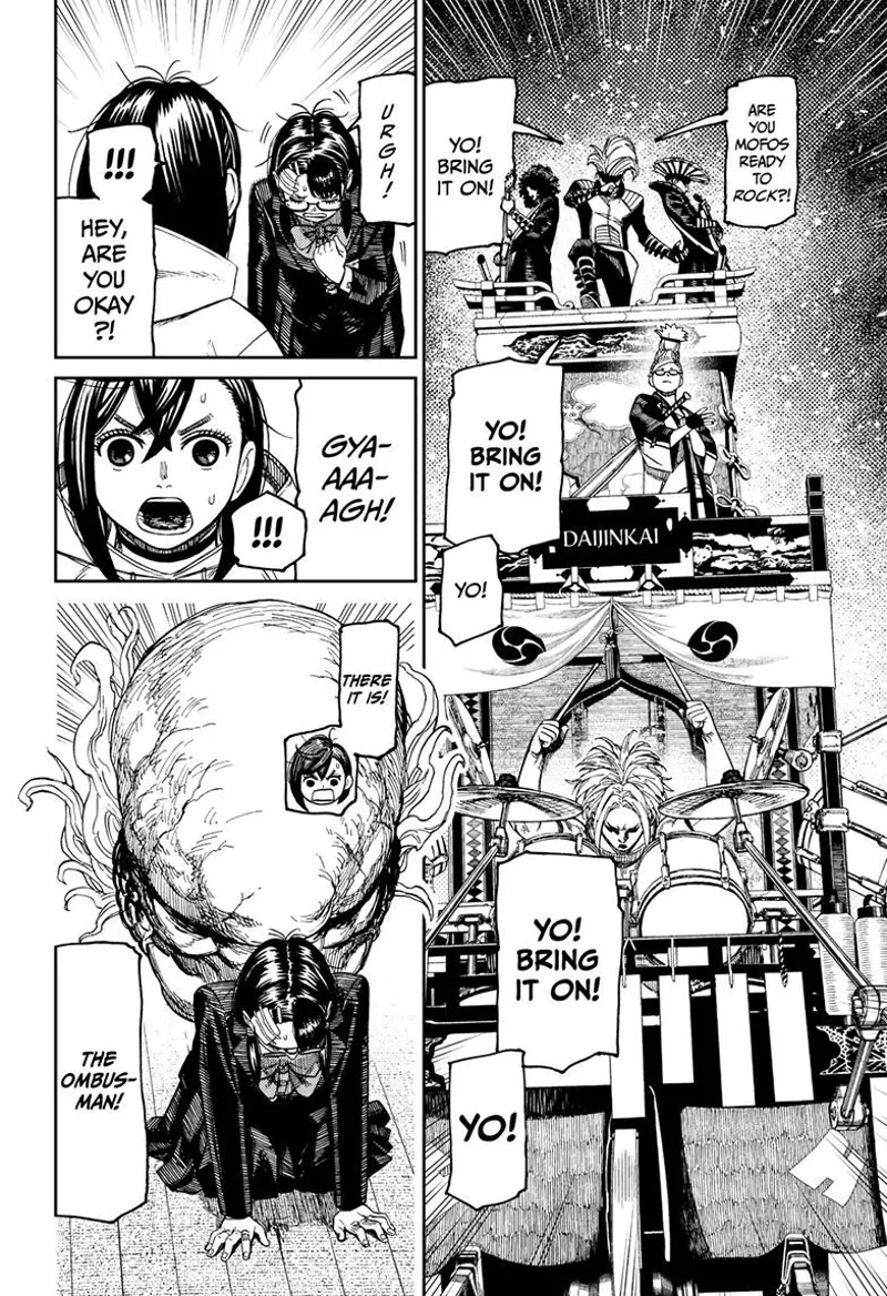 The Hayashi Performers stand atop the float. Momo sees the Ombusman clinging behind Rin.