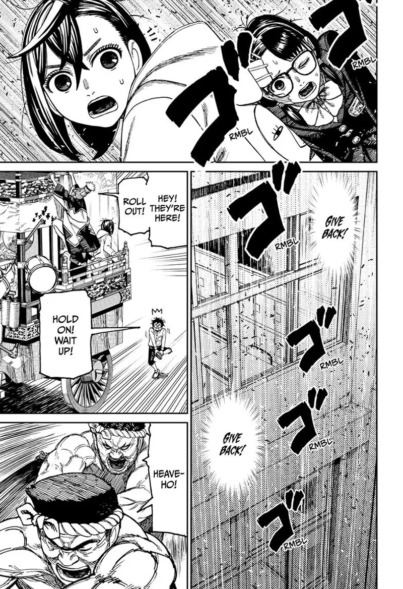 Momo notices the spirits coming, and the school windows shake. Okarun takes off his shoes. The men start pulling.