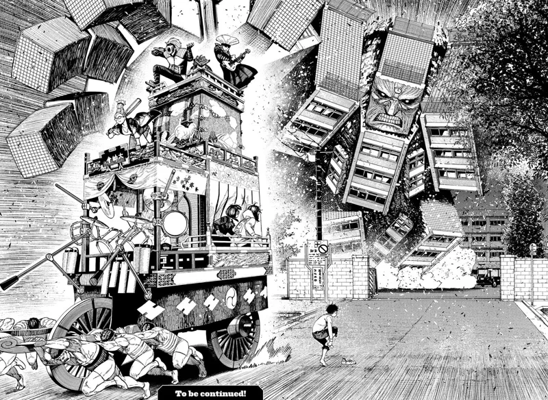 The school buildings transform into a huge monster with an angry face. The Hayashi Band performs while men pull the float.