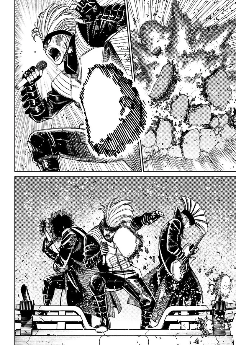 The ground explodes, and a block of debris hits the vocalist.