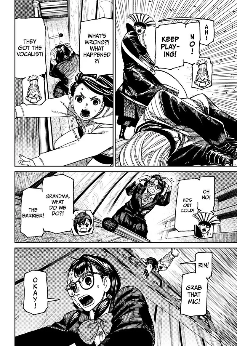 The vocalist is down, and Grandma tells the band to keep playing. Rin picks up the microphone.