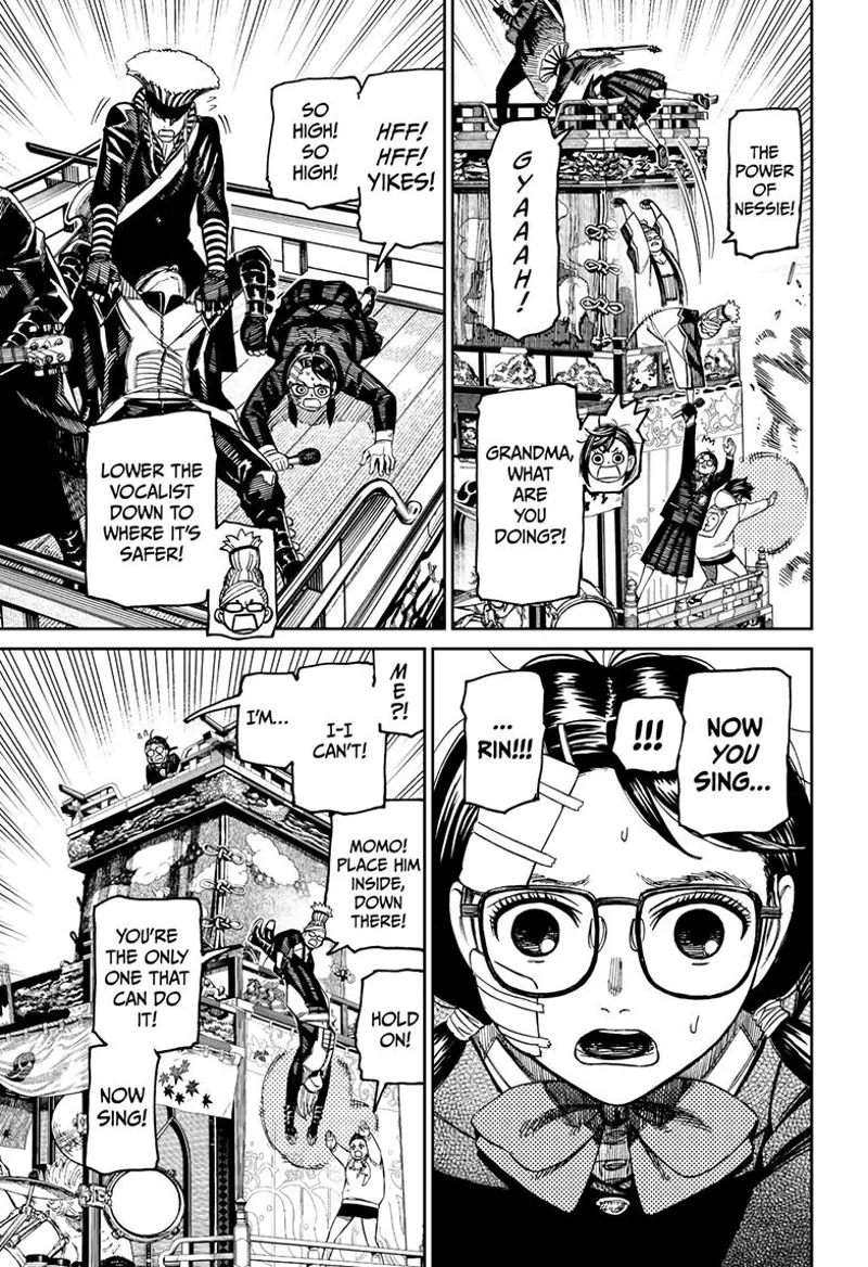 Grandma pulls Rin atop the float and tells her to sing. She refuses, but Grandma forces her.