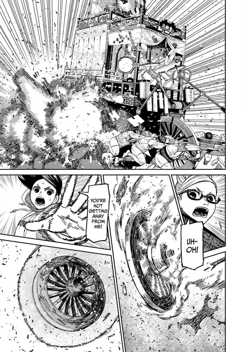 The cart explodes and the wheel falls off. Momo catches it with her powers.