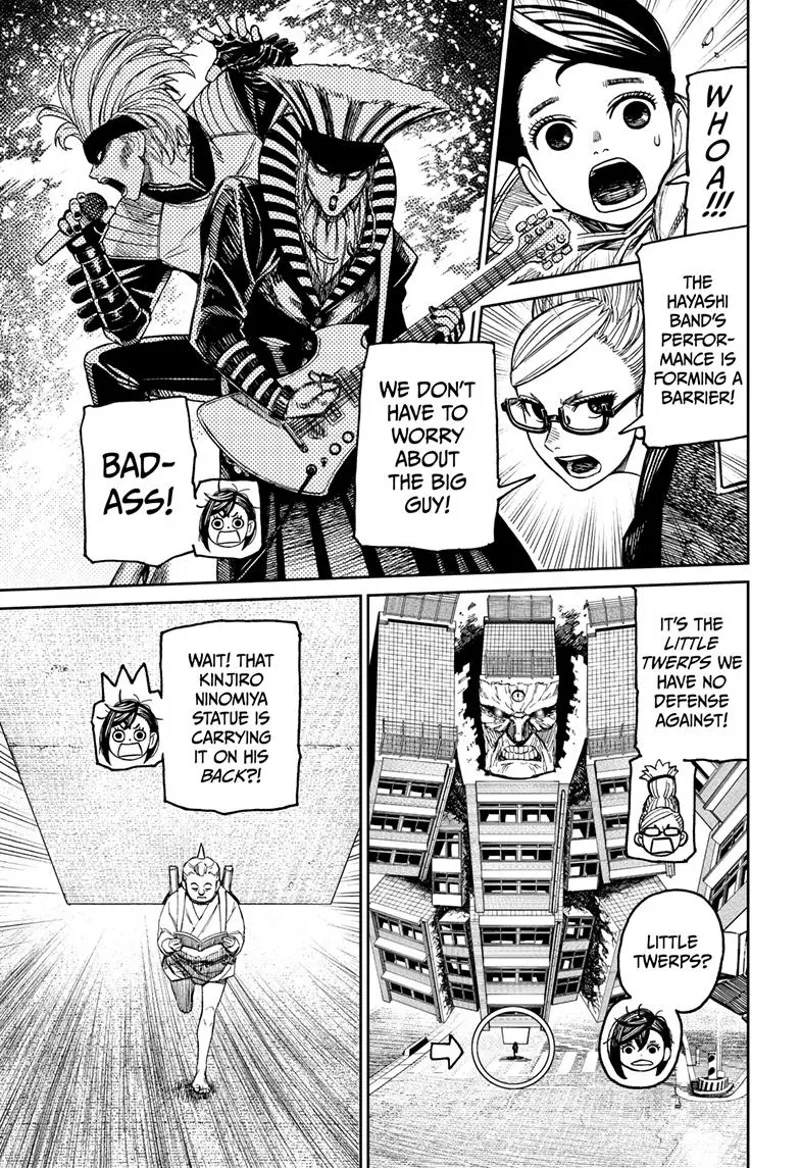 Momo is amazed after Grandma says the Hayashi Band is creating barriers. She sees a small guy carrying the monster.