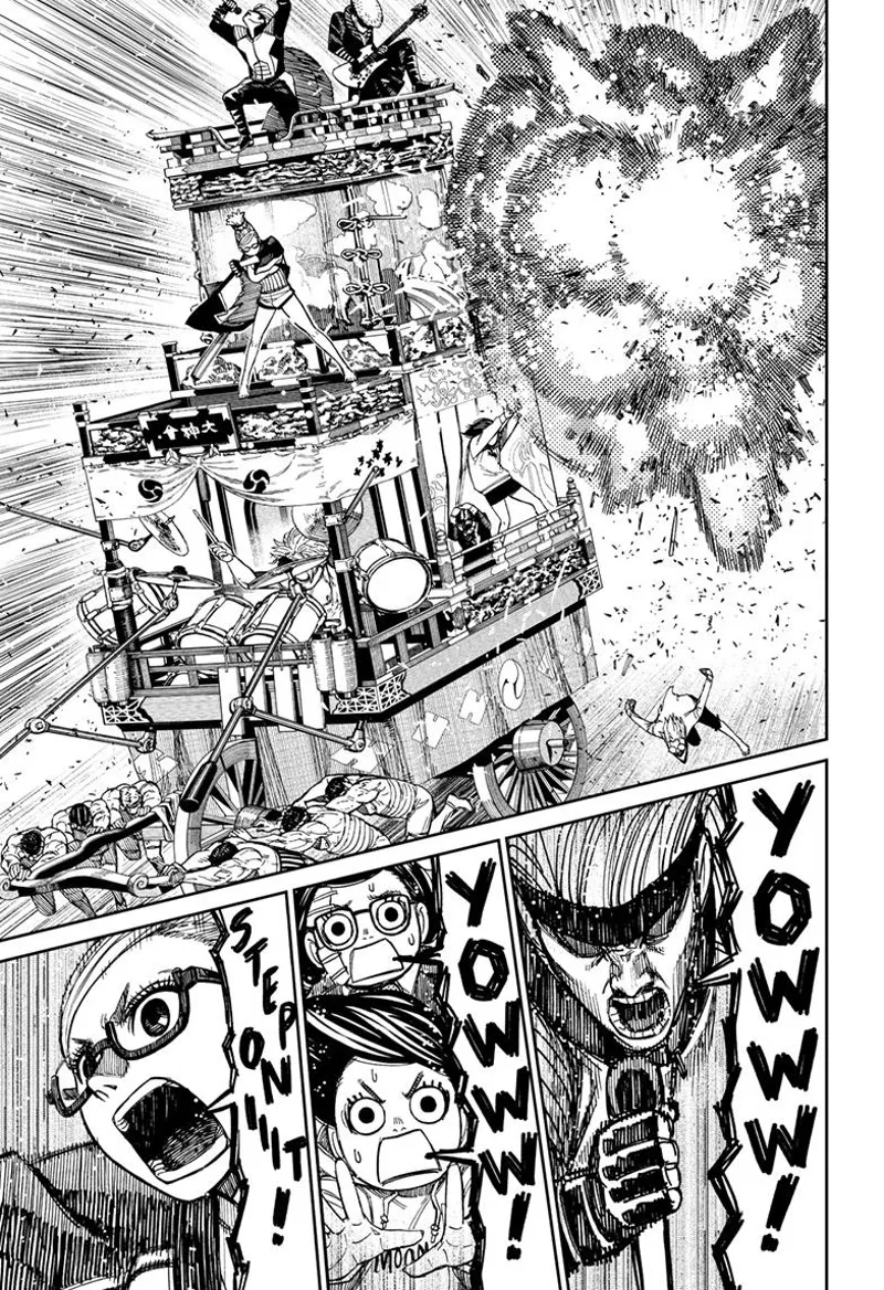 The wood explodes, and Grandma tells the strong men to pull faster. Cursed Okarun runs beside them.