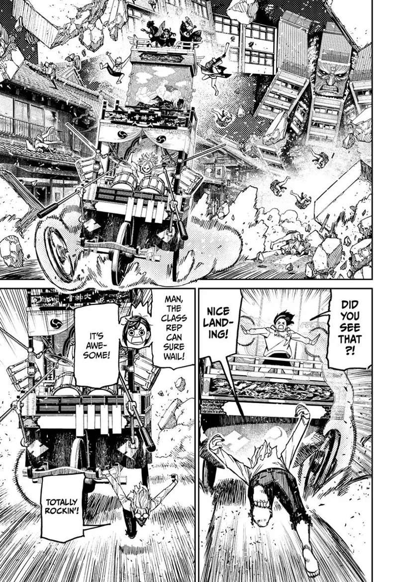 The parade float lands perfectly. Momo stabilizes the wheels. Okarun runs forward and starts pulling the cart.
