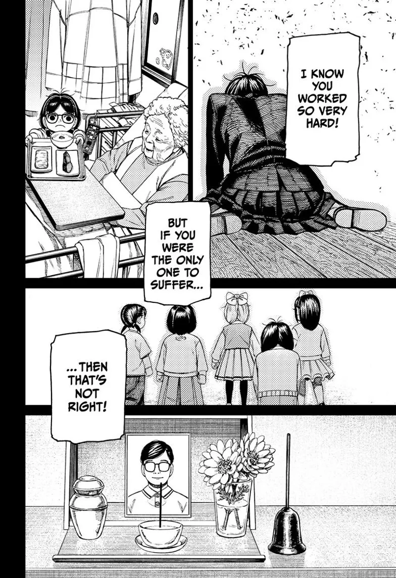 Rin kneels and recalls her grandma, her friends, and her deceased father.