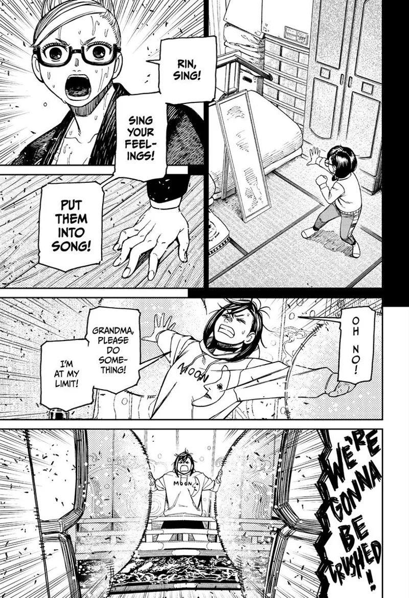 Grandma tells Rin to sing her feelings. Momo tries to push away the monster's hand or they might get crushed.