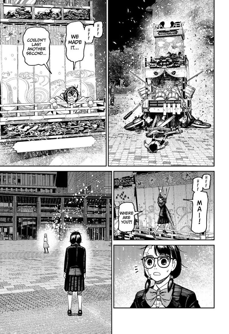 Okarun falls to the ground exhausted. Momo is tired. The parade float breaks. Rin sees Mai glowing.