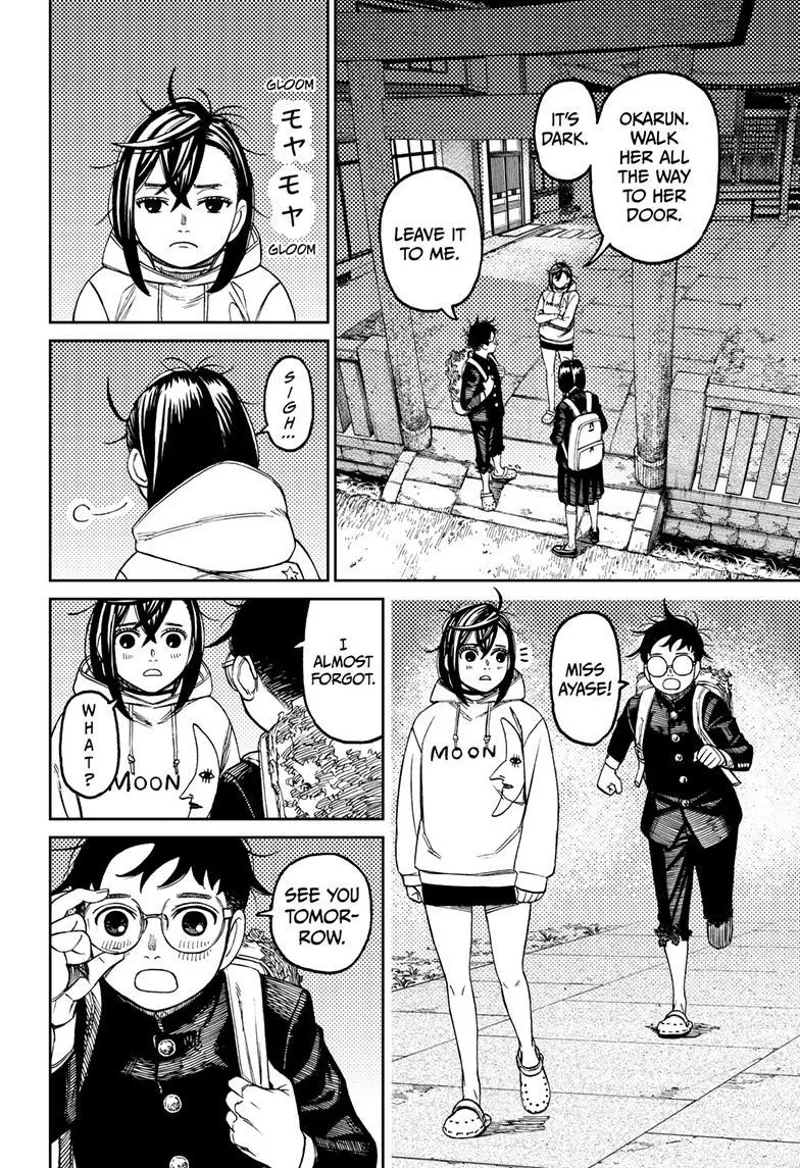 Momo tells Okarun to walk with Rin to her house. Okarun turns back and tells Momo he will see her tomorrow.