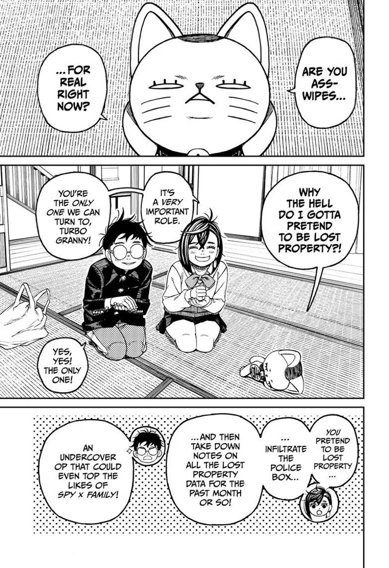 Momo and Okarun kneel in front of Turbo Granny, asking her to pretend to be lost property and infiltrate the police box.