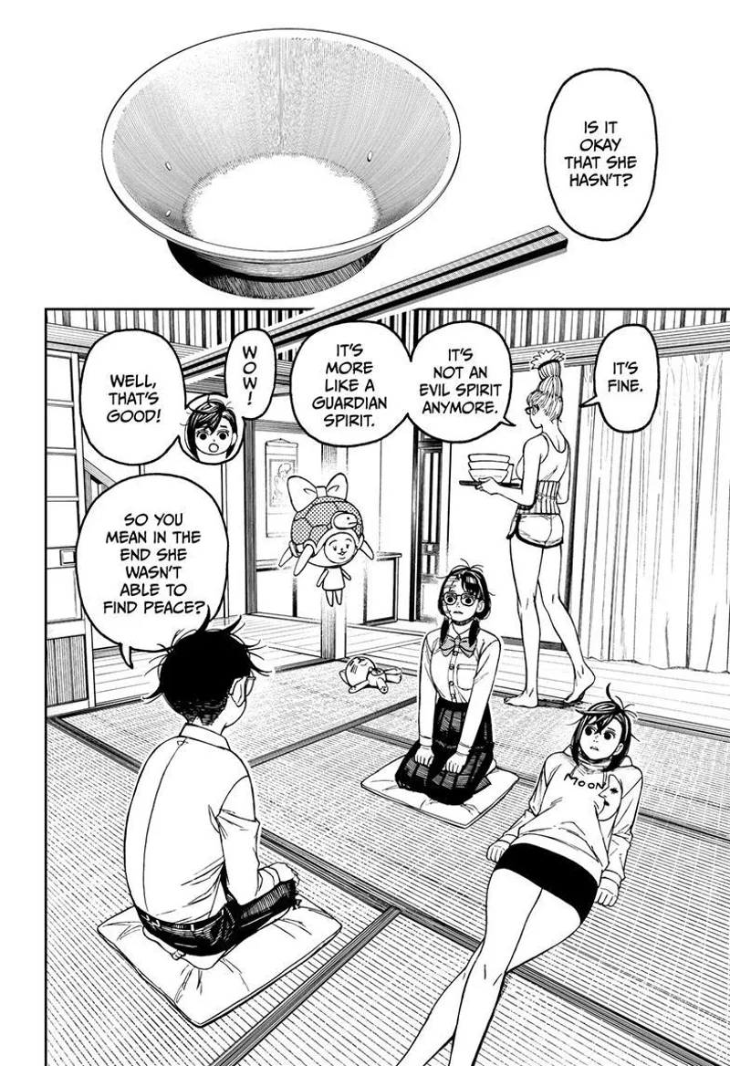 Grandma reveals that transformed Mai is now like a guardian angel. They sit in the living room.