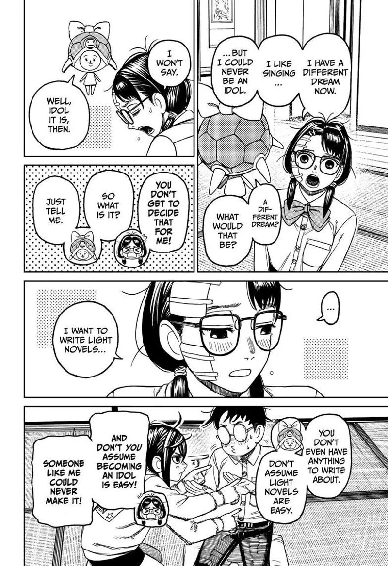 The guardian spirit forces Rin to become an Idol. Rin says she wants to write light novels. Momo and Okarun are playing.