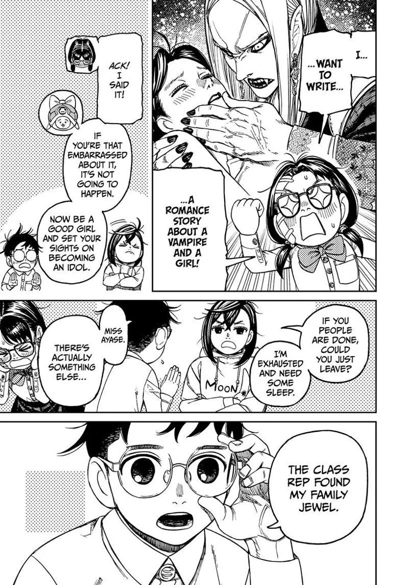 Rin reveals the kind of novel she wants to write. Momo tells them to go home. Okarun says Rin found his family jewel (nut).