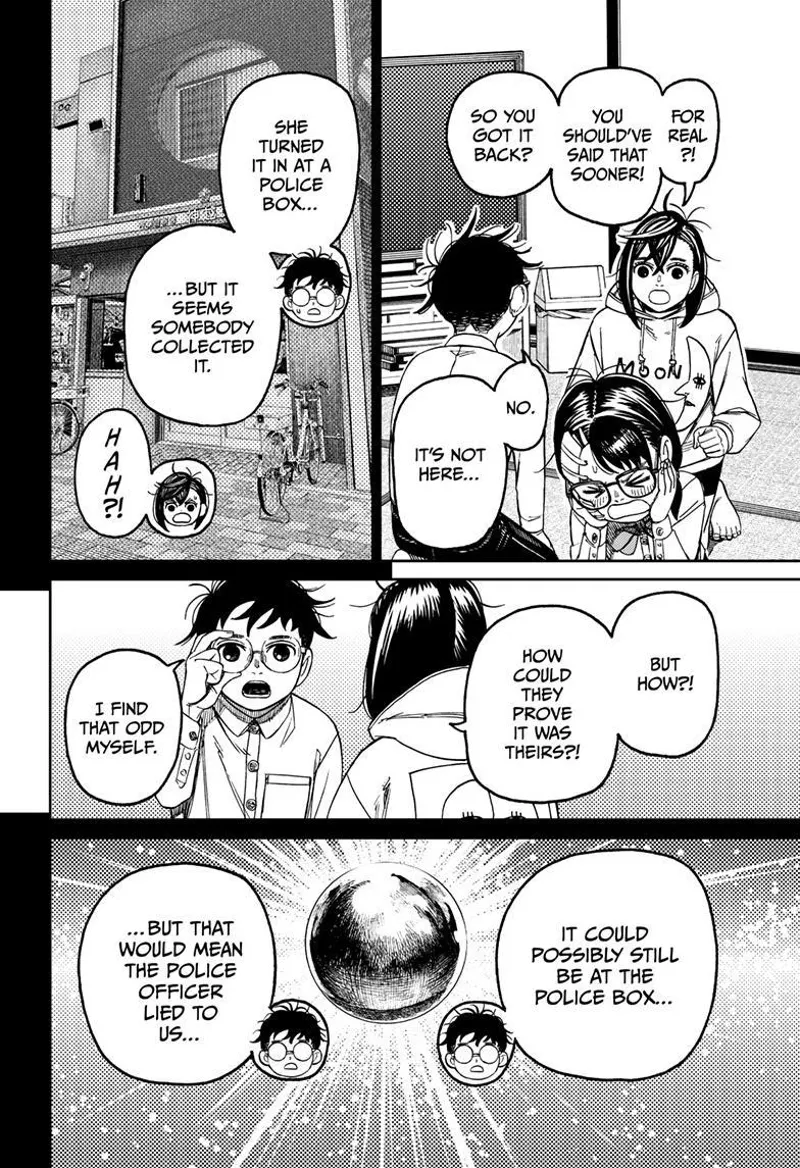 Rin looks embarrassed. Okarun tells Momo they haven't gotten his nut back because it is still probably in the police box.