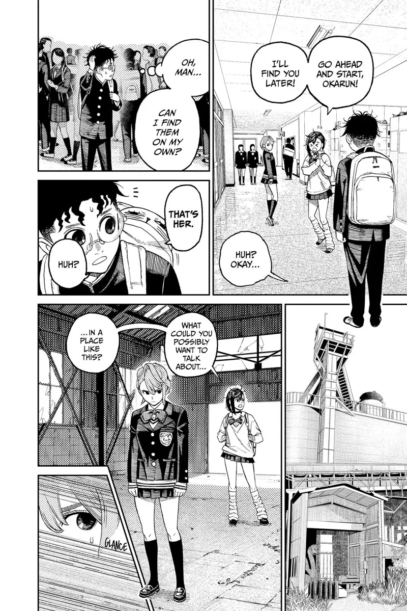 Momo goes with Aira. Okarun looks around amidst the students. Aira brings Momo to an empty building.